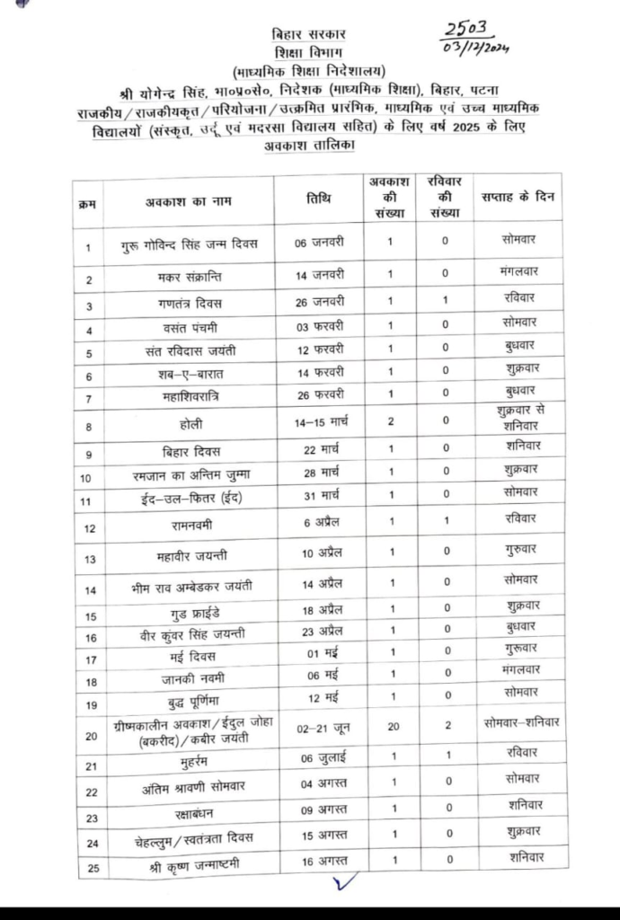 Bihar Govt Calendar 2025